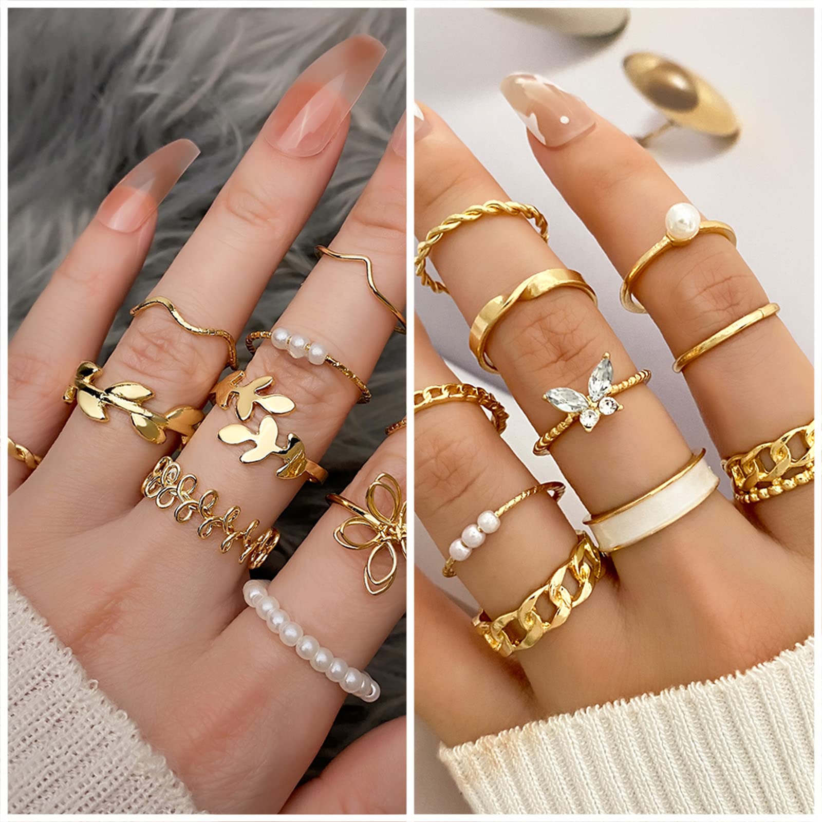 IFKM Gold Plated Jewelry Set with 5 PCS Necklace, 14 PCS Bracelet, 20 Pairs Earring, 20 PCS Knuckle Rings for Women Valentine Anniversary Birthday Friendship Gift