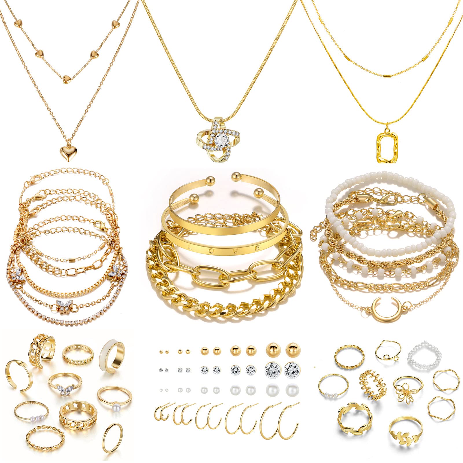 IFKM Gold Plated Jewelry Set with 5 PCS Necklace, 14 PCS Bracelet, 20 Pairs Earring, 20 PCS Knuckle Rings for Women Valentine Anniversary Birthday Friendship Gift