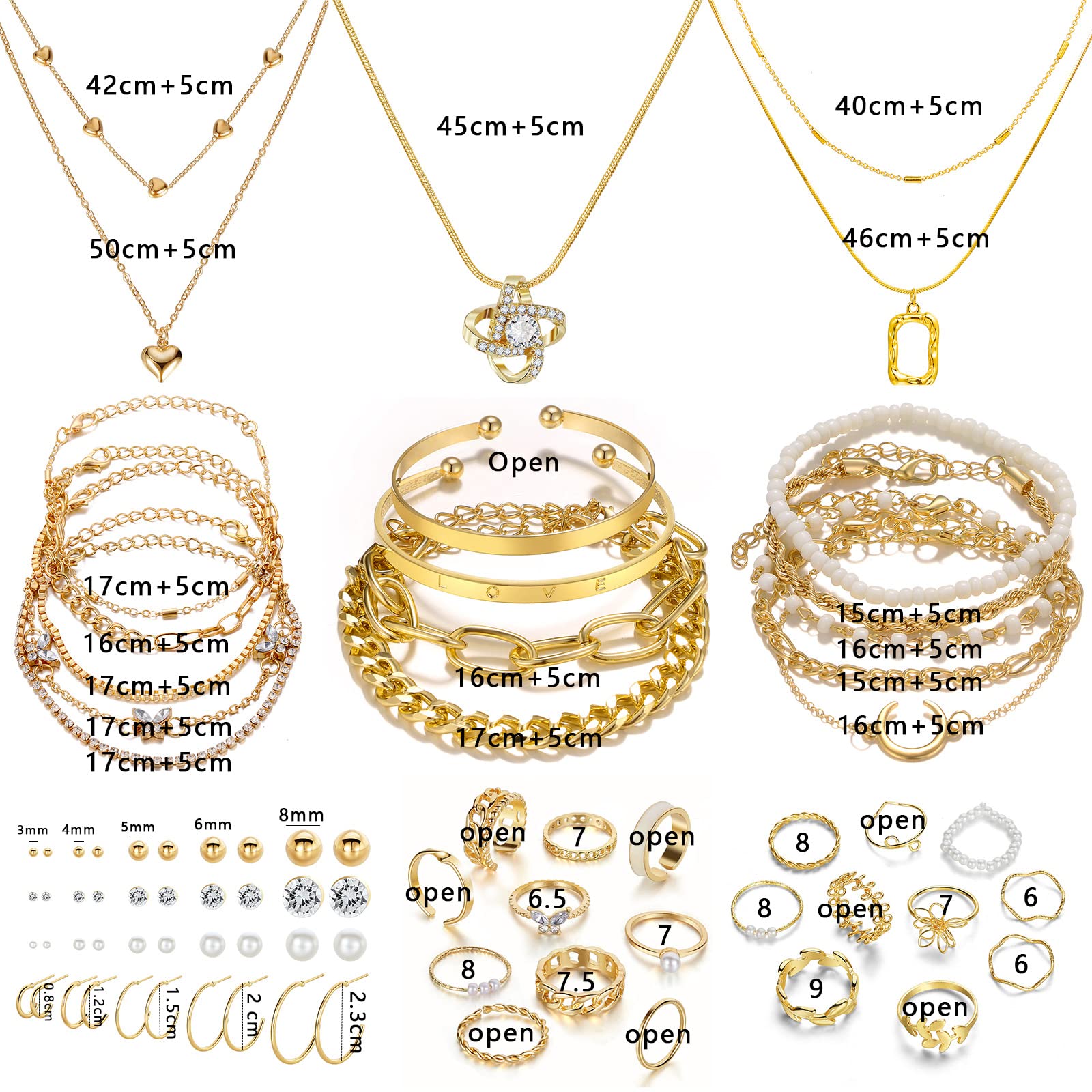 IFKM Gold Plated Jewelry Set with 5 PCS Necklace, 14 PCS Bracelet, 20 Pairs Earring, 20 PCS Knuckle Rings for Women Valentine Anniversary Birthday Friendship Gift